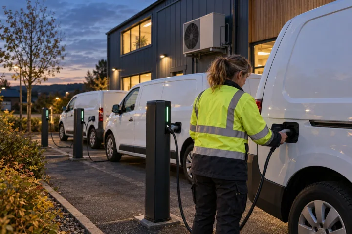 A woman in a high-visibility jacket plugging a charging cable into one of three white electric vans outside a warehouse with a heat pump at dusk