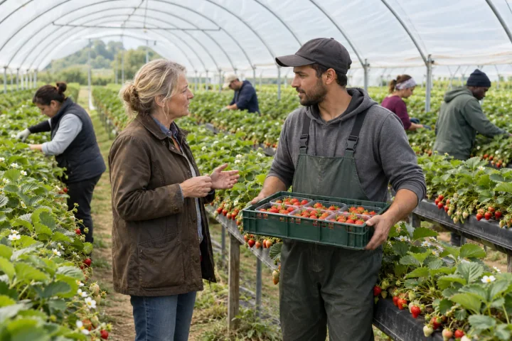 A farm manager talking with a fruit picker holding punnets in strawberry polytunnels, other pickers working behind