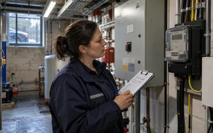 A facilities manager reading an electricity meter in the plant room of a British office building