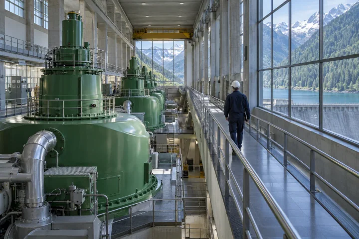 A technician walking along the gallery of a hydropower turbine hall past green generators, with snowy mountains outside the tall windows
