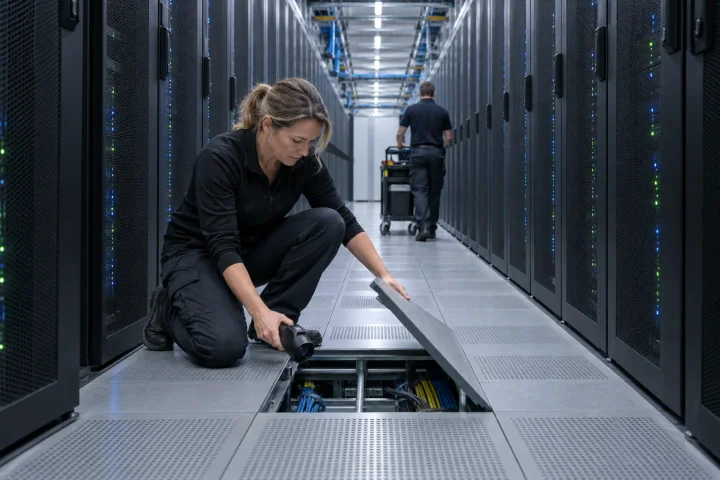 Eine Technikerin kniet, um mit einer Wärmebildkamera unter einer angehobenen Bodenplatte in einem Servergang nachzusehen, während ein Kollege einen Wagen schiebt