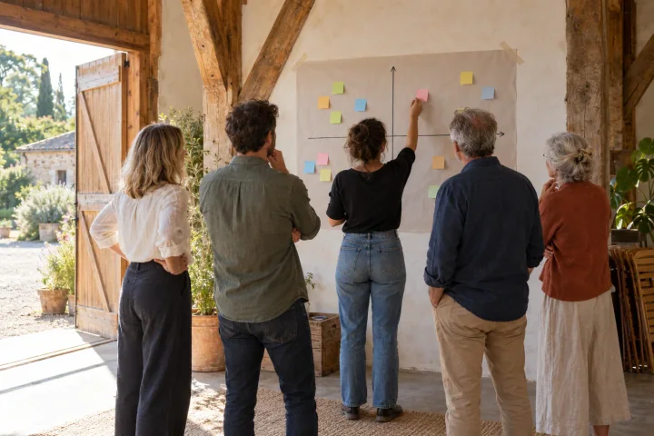Five colleagues in a converted barn watching a woman place a sticky note on a large paper matrix taped to the wall