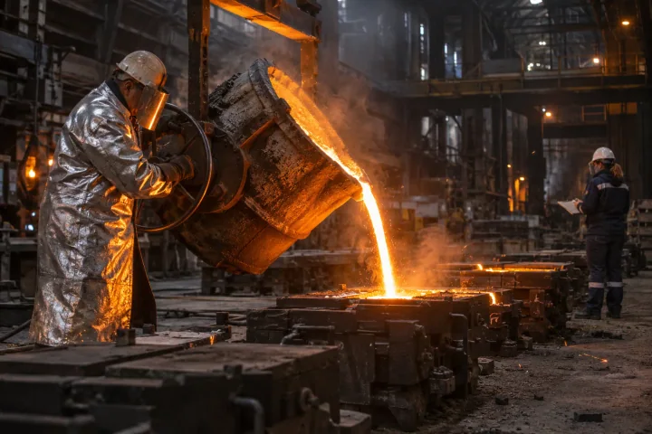 A foundry worker in a silver protective suit pouring molten metal into sand moulds while a colleague watches with a clipboard