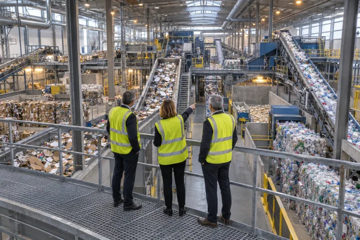 Drei Manager in Warnwesten stehen auf einem Stahlsteg über den Sortierlinien einer Recyclinganlage, einer von ihnen zeigt den Gang hinunter