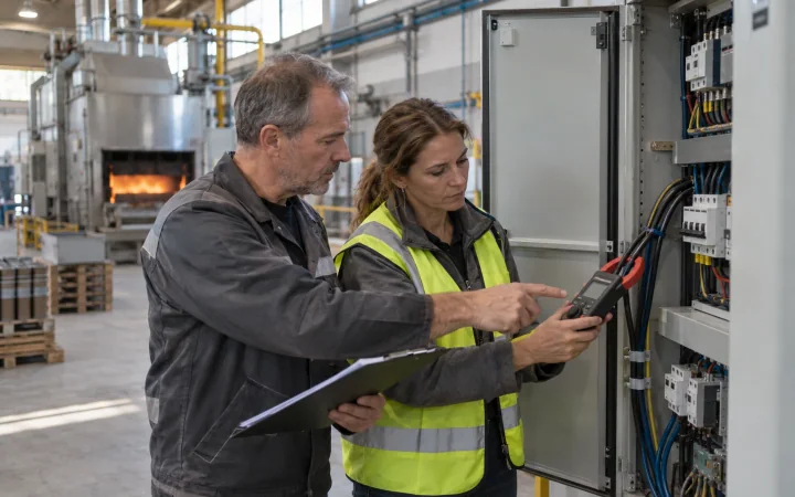 Un’auditor energetica misura la potenza su un quadro elettrico in un capannone di produzione mentre il direttore dello stabilimento osserva