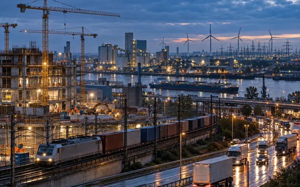 Construction, freight and manufacturing operating beside modern electricity infrastructure