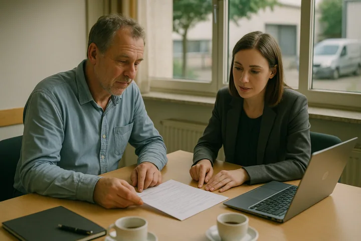 A business owner and a bank relationship manager going through a questionnaire at a meeting table