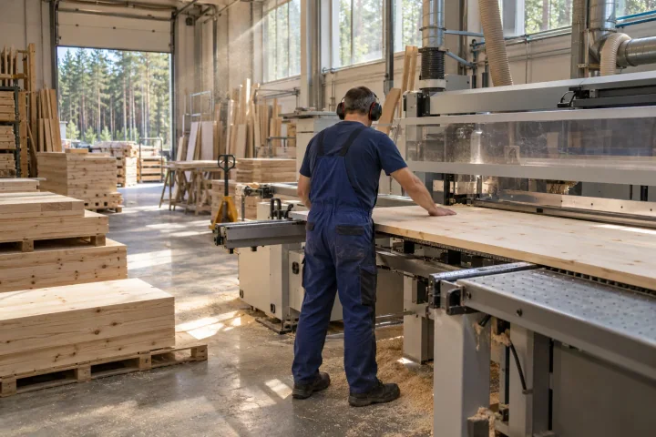 Un addetto con cuffie antirumore che guida un pannello di legno in una sega industriale, con tavole impilate e una foresta di pini visibile attraverso il portellone di carico