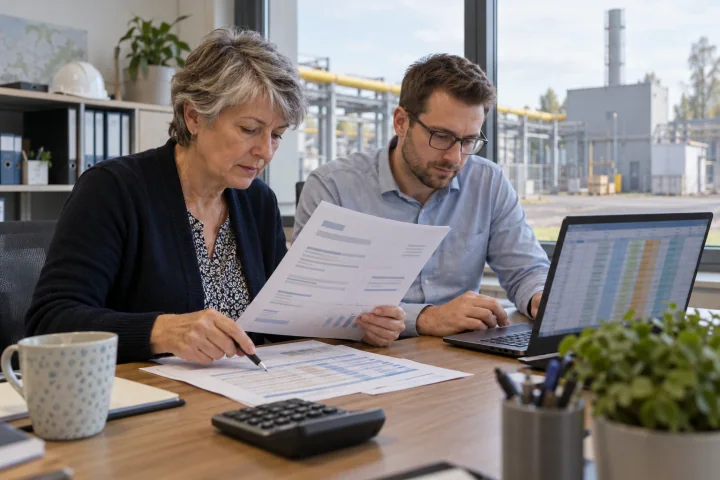 An energy manager comparing a gas bill with a printed reference table while a finance colleague checks a spreadsheet, in an office overlooking a factory yard