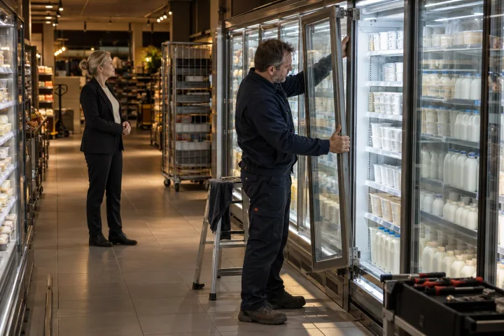 A technician fitting glass doors to a supermarket chiller cabinet after closing time while the store manager watches from the aisle