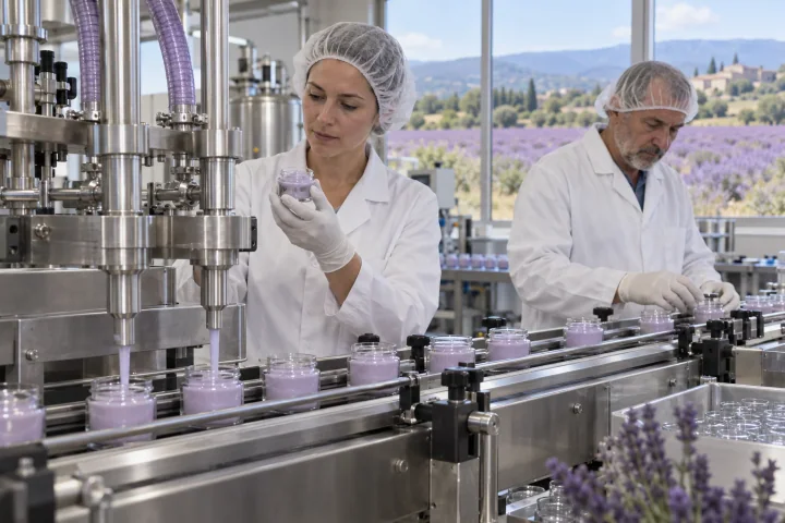 Two operators in white coats and hairnets checking cosmetic jars on a filling line, with lavender fields outside the window