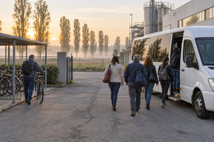 Beschäftigte gehen in der Morgendämmerung bei Nebel zu einem weißen Firmen-Shuttlebus vor einer Fabrik, während ein Mann sein Fahrrad zu einem Unterstand schiebt