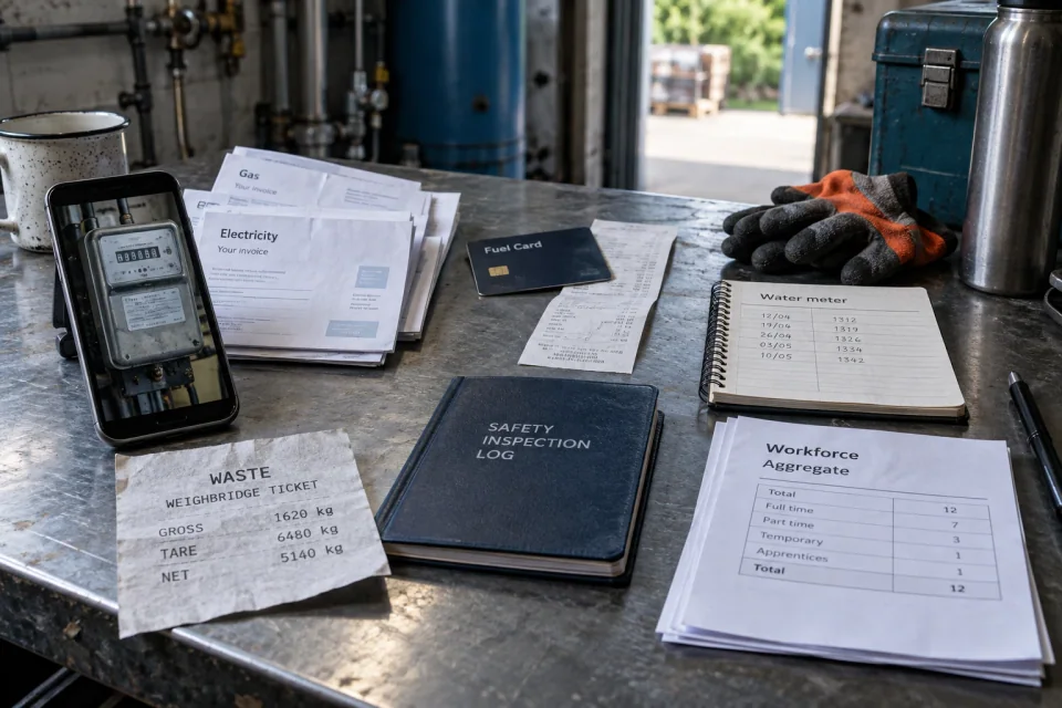 Energy, fuel, water, waste, safety and workforce records on an industrial workbench