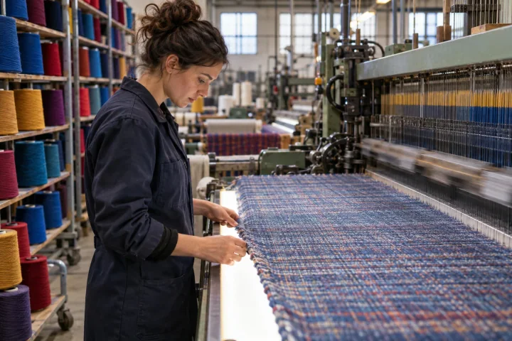 A woman inspecting woven fabric on a lit table beside a running loom and shelves of colourful yarn cones