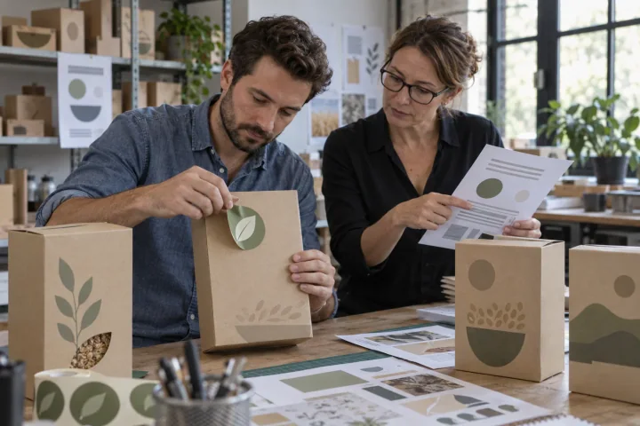 Un responsabile marketing stacca un adesivo verde a forma di foglia da un prototipo di imballaggio mentre una responsabile qualità indica una scheda tecnica