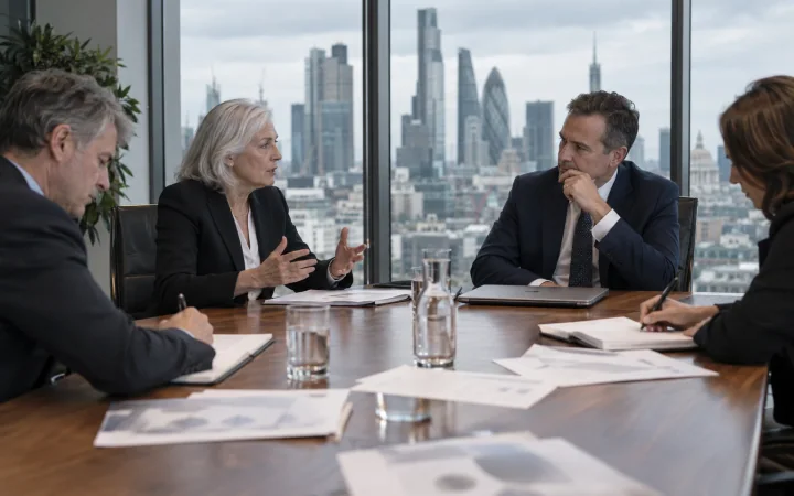 A board meeting in a London boardroom with report drafts on the table and the City skyline behind
