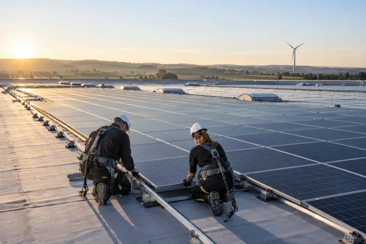 Two installers fixing solar panels on a warehouse roof in early morning light, with a wind turbine in the distance