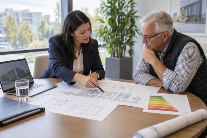 Een relatiemanager van een bank bekijkt aan een vergadertafel renovatietekeningen en een energielabel met een directeur van een bedrijf