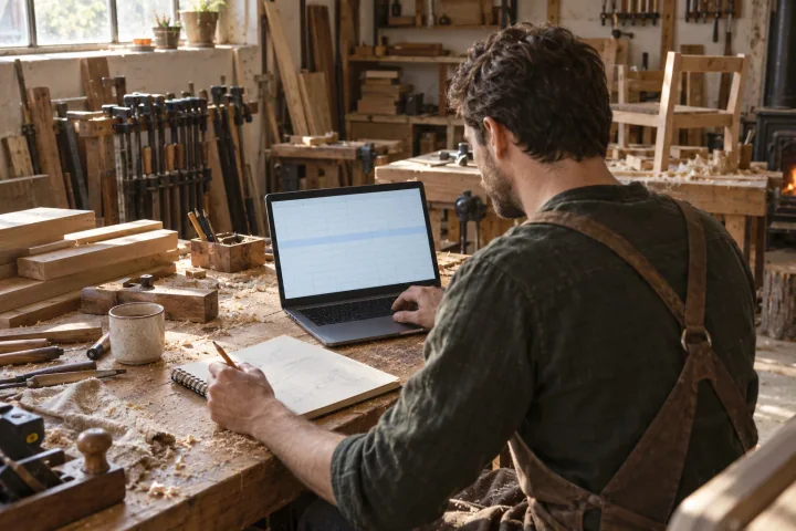 Un carpentiere che compila un foglio di calcolo sul laptop a un banco da lavoro nel suo laboratorio