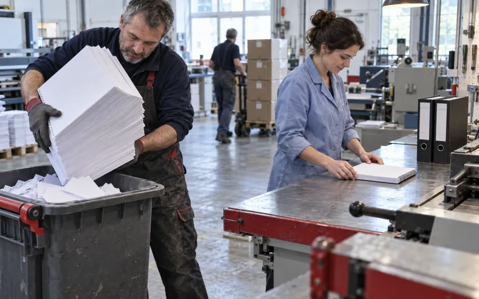 Print technicians removing surplus pages and binding a shorter reporting document