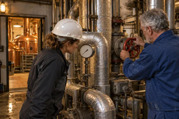 Eine Energiemanagerin liest eine Anzeige an Dampfleitungen ab, während ein älterer Ingenieur in einem Brauereikesselhaus ein Ventil dreht