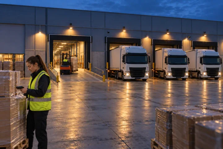 Une employée d’entrepôt scanne des palettes à un quai de chargement, au crépuscule, tandis que des camions attendent aux portes