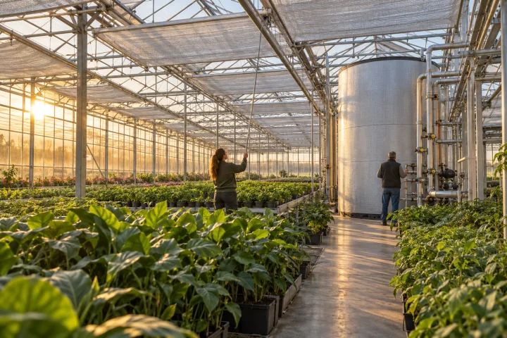 A grower inspecting a heat storage tank while a colleague checks the thermal screens in a sunlit greenhouse