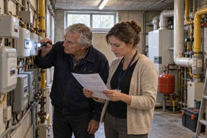 Ein Facility-Manager und eine Office-Managerin lesen im Heizungskeller eines Bürogebäudes die Strom- und Gaszähler ab