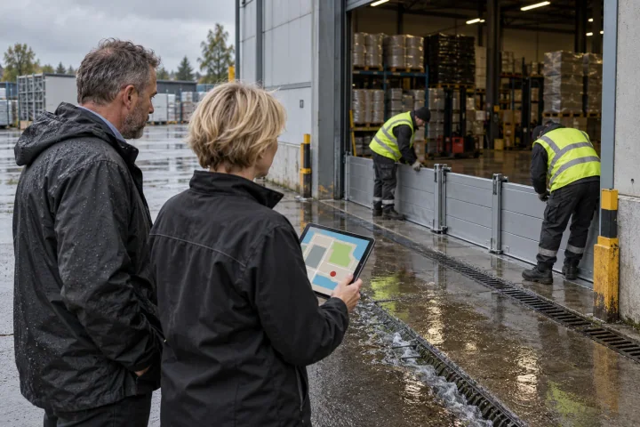 A facilities manager and a production manager looking at a flood barrier being fitted at a loading dock after heavy rain