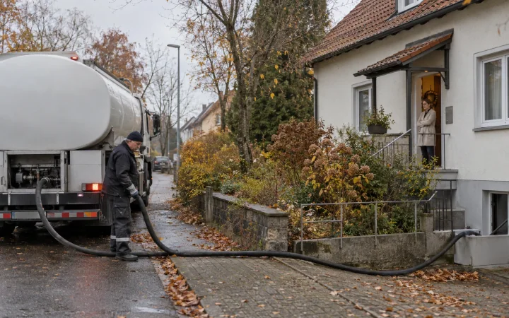 A heating oil delivery driver guiding a hose to a house in a German town on an autumn morning