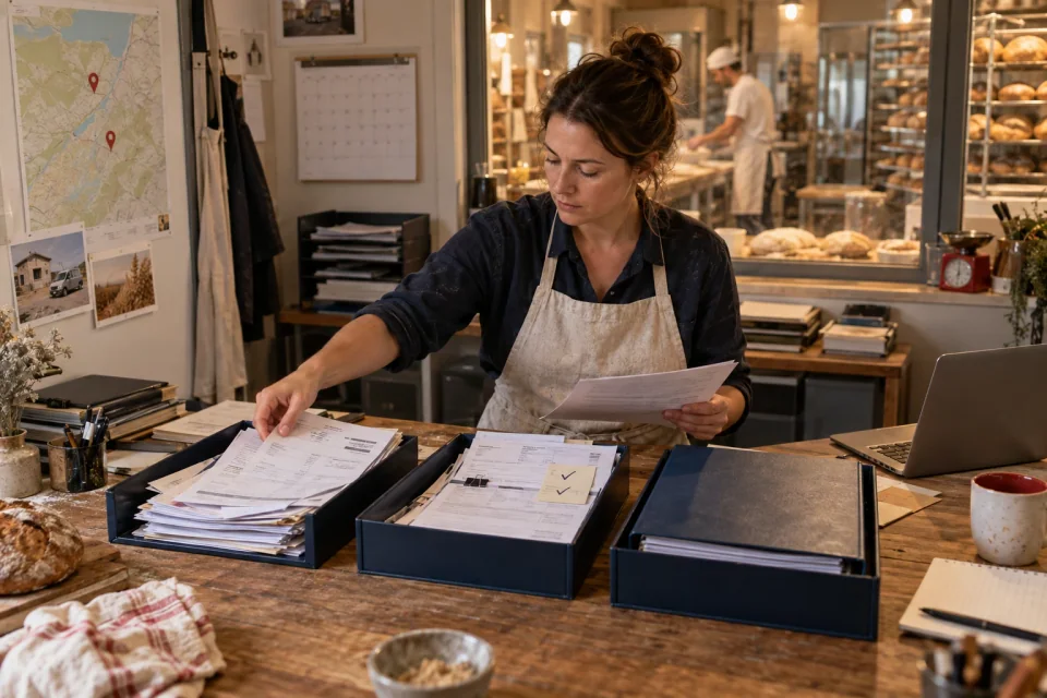 A bakery manager organising records into a finished report binder