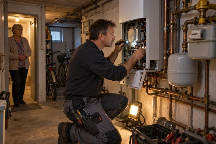 A heating engineer servicing an open gas boiler in a basement while the landlady watches from the doorway