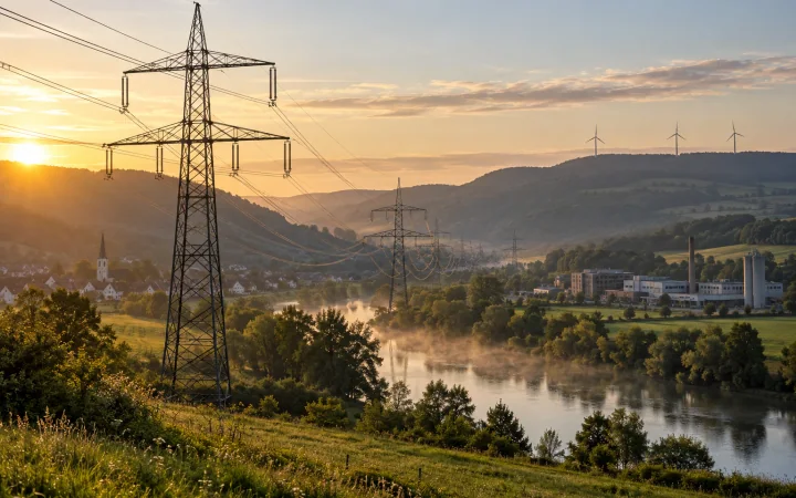 Líneas de alta tensión que cruzan un valle fluvial europeo entre una ciudad, una fábrica y aerogeneradores