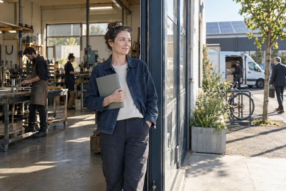 A small-business owner standing at the entrance to her working factory